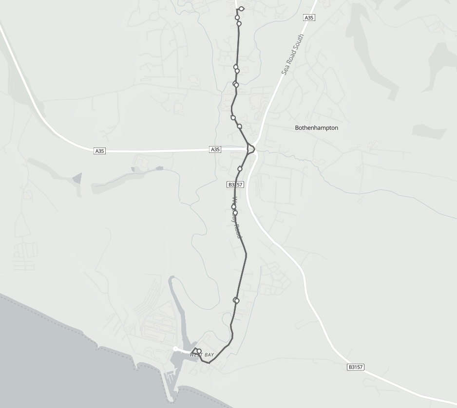 A map showing the route of the forthcoming WB1 Bridport to West Bay Shuttle Bus that launches on Saturday 26 July