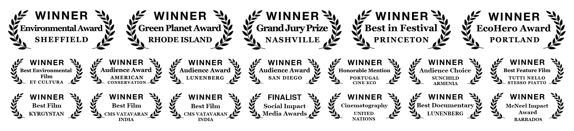 Award laurels for Seed: The Untold Story, showing wins including Environmental Award (Sheffield), Green Planet Award (Rhode Island), Grand Jury Prize (Nashville), Best in Festival (Princeton), and EcoHero Award (Portland), among many others worldwide.