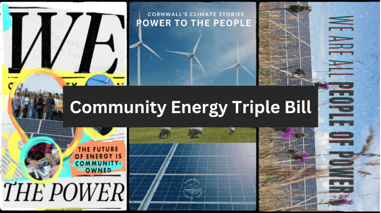 Poster for “Community Energy Triple Bill” featuring three films: We The Power, Power to the People (with wind turbines), and We Are All People of Power (with solar panels and wildflowers).