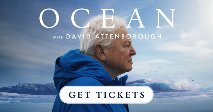 David Attenborough in a blue jacket looks out over an icy ocean with birds flying and waves crashing. Text reads "Ocean with David Attenborough" and a button below says "Get Tickets."