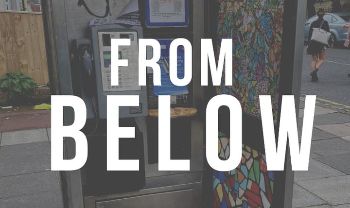 Poster for the documentary From Below featuring the film title overlaid on a photo of a public phone booth with a colourful mosaic panel.