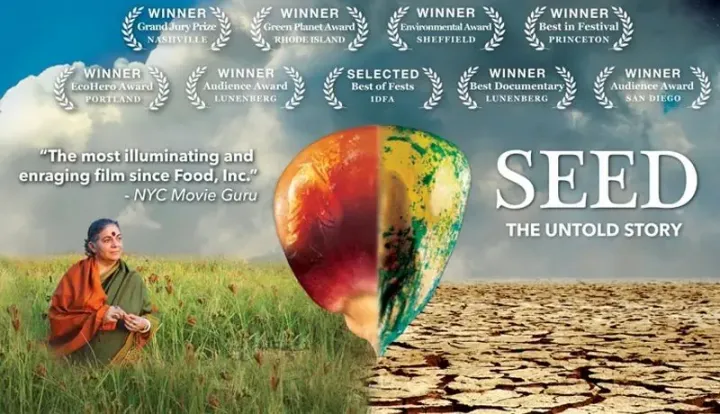 Film poster for Seed: The Untold Story showing Vandana Shiva in a field beside a half-green, half-dry seed over cracked earth, symbolising biodiversity, seed saving, and environmental change.