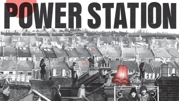 Poster for the documentary Power Station, showing people on rooftops in a black-and-white terraced housing scene with red highlights and the bold title “POWER STATION” across the top.
