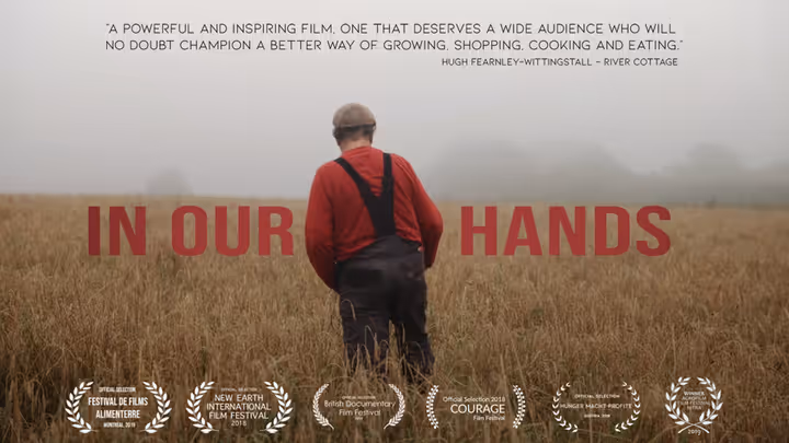 A person in dark overalls and a red shirt walks through a misty field, seen from behind, with the title “In Our Hands” in red text and film festival laurels along the bottom.