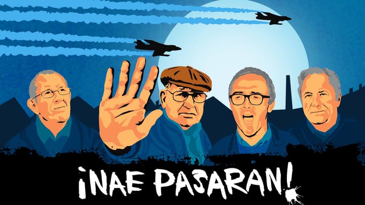 Illustrated poster for "¡Nae Pasaran!" — four older men in comic-book style against a moonlit sky with military jets. One holds up his hand in a "stop" gesture.