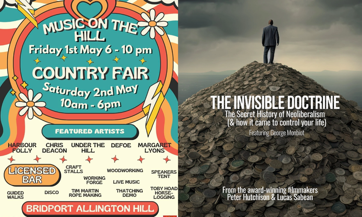 Two posters: a colourful retro-styled poster for Music on the Hill and Country Fair at Allington Hill, and The Invisible Doctrine film poster showing a man atop a mountain of coins.