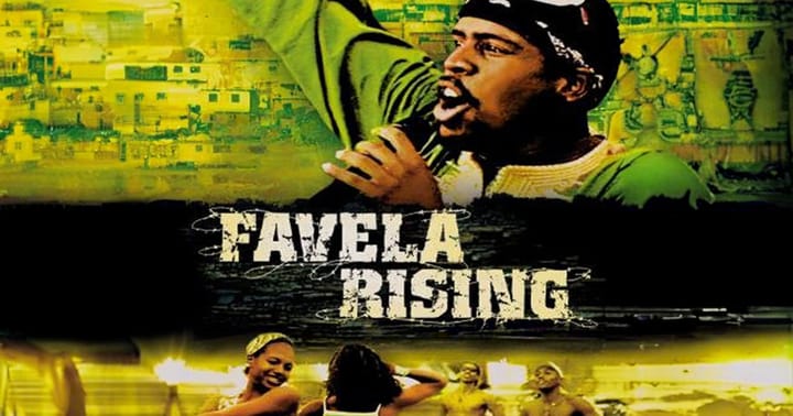 Man sings passionately above a Rio favela hillside, with dancers below; the title "Favela Rising" appears across the centre of the documentary poster.
