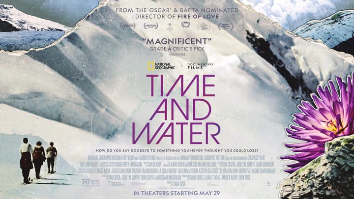 Poster for Sara Dosa’s documentary Time and Water: purple title over a torn-paper collage of snowy peaks and glaciers, three skiers in vintage clothes at left and a purple flower at right.